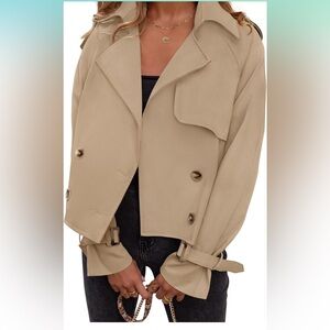 Long Sleeve Crop Trench Coat Lapel Double Breasted Loose Jacket with Pockets